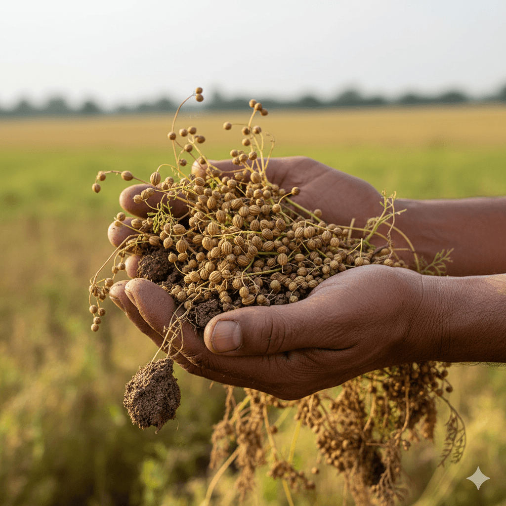 Farmer's hands holding coriander and cumin seeds