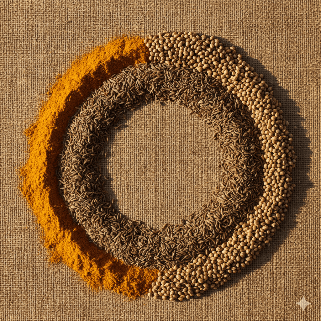 Flat-lay of organic spices arranged with space for text: Purity, Transparency, Sustainability, Innovation