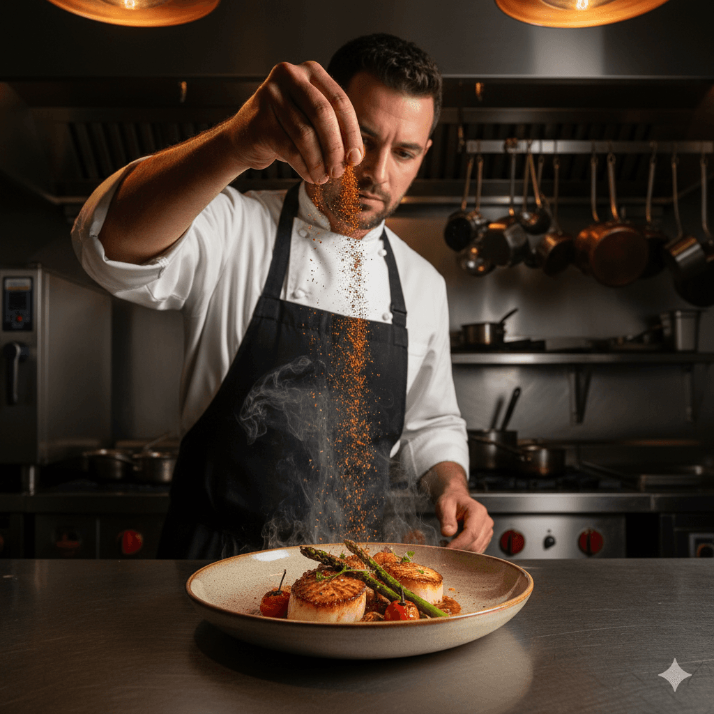 Professional chef sprinkling organic spices over a plated gourmet dish in a commercial kitchen