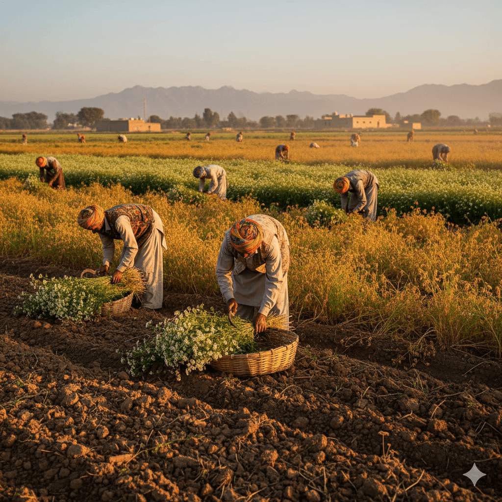Farmers harvesting cumin and coriander seeds in a sunlit organic field