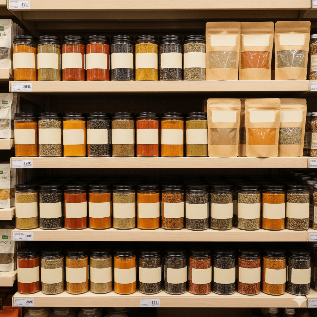 Retail-ready organic spice jars and pouches arranged on a shelf with blank labels